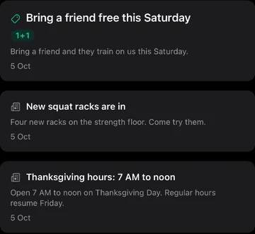 News in the member app: a bring-a-friend offer, new squat racks and holiday hours.