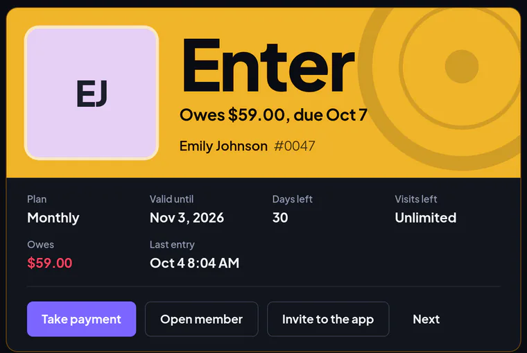 The front desk after a scan: Enter, owes $59.00, due Oct 7, with a Take payment button.