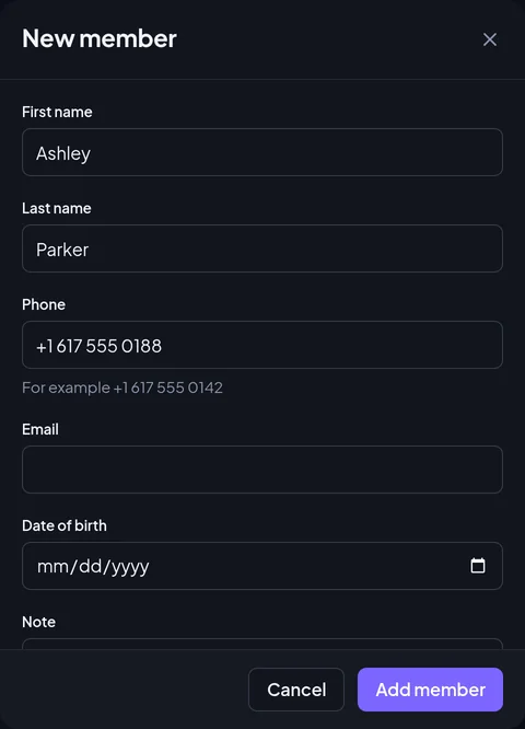 The New member form with first name, last name and phone filled in.