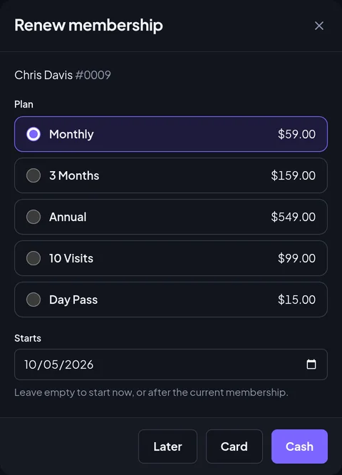 Renew membership: plans with prices, and buttons to take the payment in cash or by card, or later.